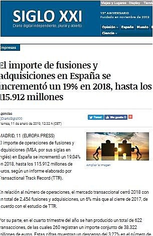 El importe de fusiones y adquisiciones en Espaa se increment un 19% en 2018, hasta los 115.912 millones